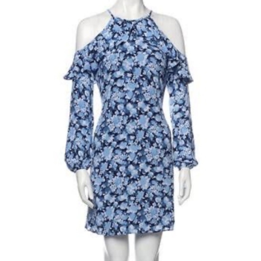 Michael Kors Cold Shoulder Blue Floral Ruffle Dress Long Sleeve Large